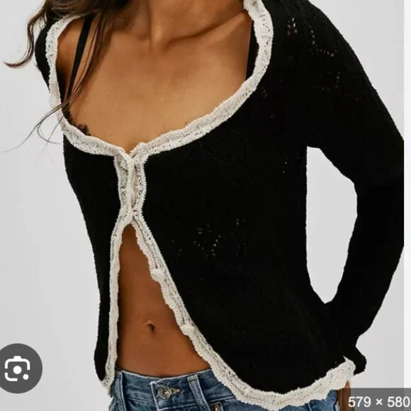 Free People Adelene Cardigan - Black Linen Blend Knit Large $128 - Picture 3 of 10